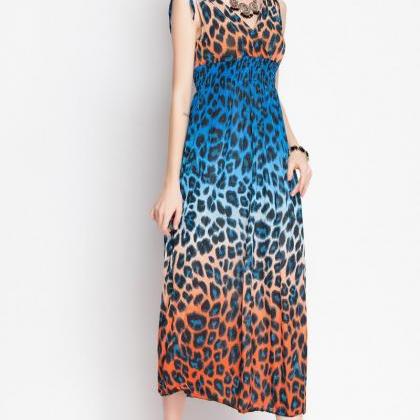 Leopard Print Sleeveless Cotton Maxi Long Dress