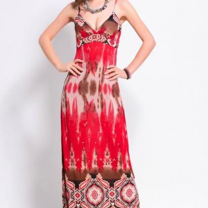 Red Summer Women Strap Printed Sexy Bohemian Maxi..