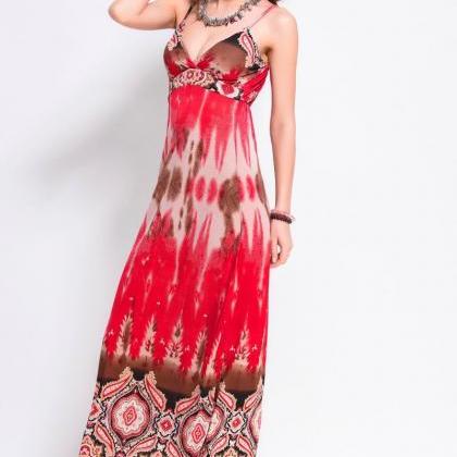 Red Summer Women Strap Printed Sexy Bohemian Maxi..