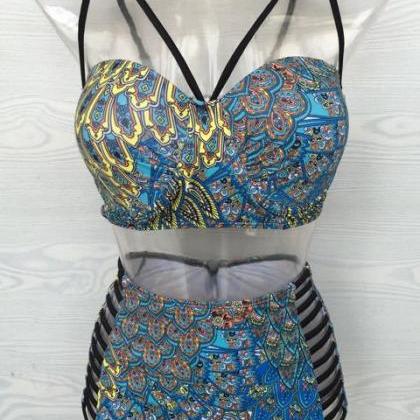 Peacock Pattern Printing Hollow Swimsuit Bikini