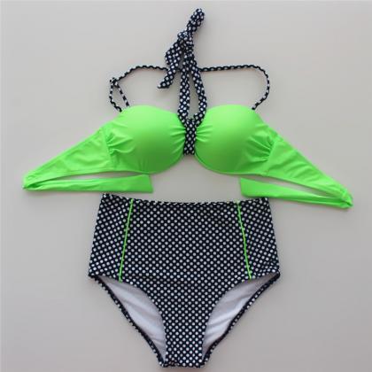 Women Halter Dot Swimsuit Swimwear Bikini - Green