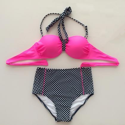 Women Halter Dot Swimsuit Swimwear Bikini - Rose