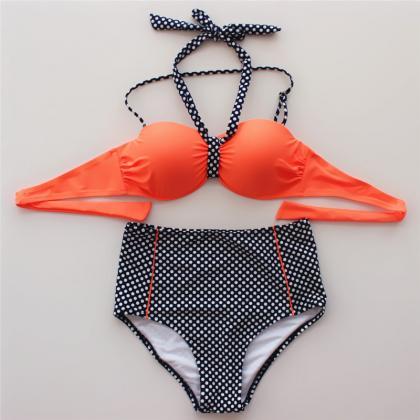 Women Halter Dot Swimsuit Swimwear Bikini - Orange
