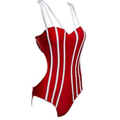 Red One-piece Swimsuit With White Stripes And Tie..