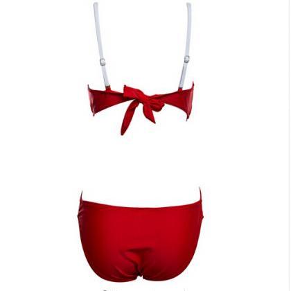 Red One-piece Swimsuit With White Stripes And Tie..