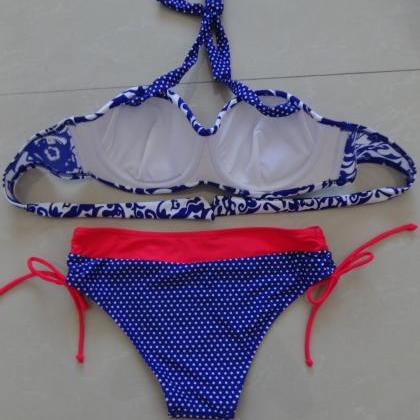Summer Swimwear Women Blue Dot Sexy Push Up Bikini..