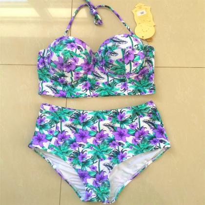 Women High Waist Purple Flower Pattern Swimswear..