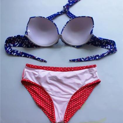 Blue And Red Color Printing Sexy Swimwear Swimsuit