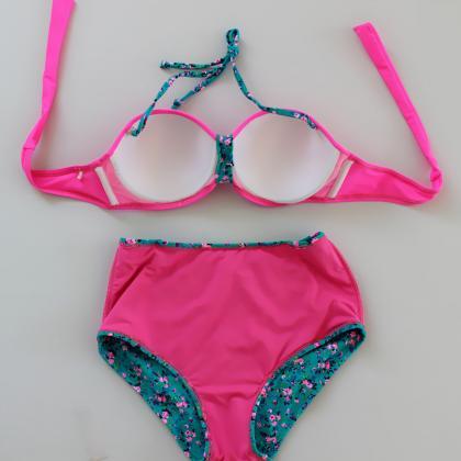 High Waist Sexy Bikini Swimsuit For Lady - Pink