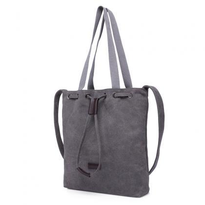 Grey Canvas Drawstring Tote Bag With Shoulder..