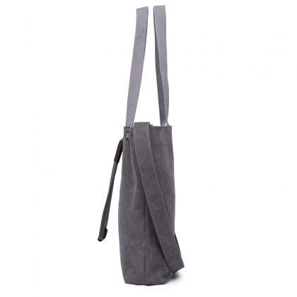 Grey Canvas Drawstring Tote Bag With Shoulder..