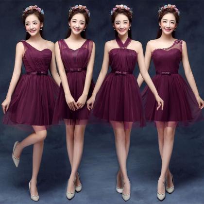 Sweetheart One Shoulder Wine Red Color Wedding Bridesmaid Party Short ...