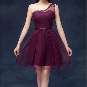 Cute One Shoulder Wine Red Color Wedding..