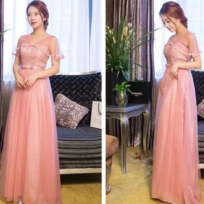 V Neck Pink Color Elegant Wedding Gown Long..