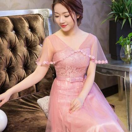V Neck Pink Color Elegant Wedding Gown Long..