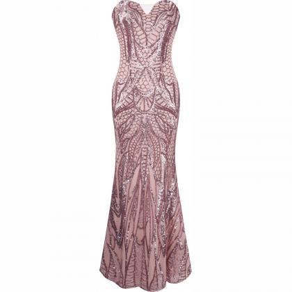 Strapless Sequined Mermaid Long Evening Dress Pink..