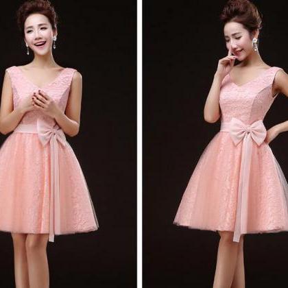 Charming Pink V Neck Sleevless Lace Short/mini..