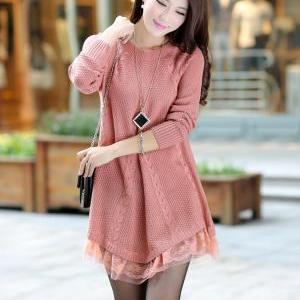Round Neck Long Sleeve Lace Side Wo..