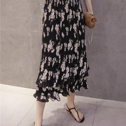 Floral Print Pleated Midi Skirt Featuring Ruffled..