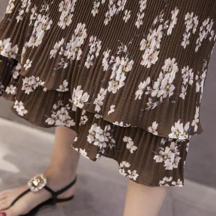 Floral Print Pleated Midi Skirt Featuring Ruffled..