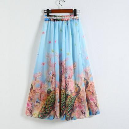 Peacock Pattern Chiffon Long Skirt