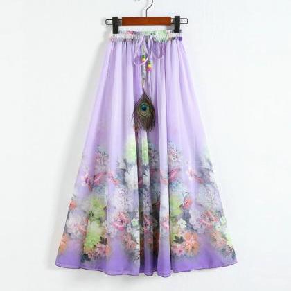 Purple Printing Pattern Chiffon Long Skirt For..