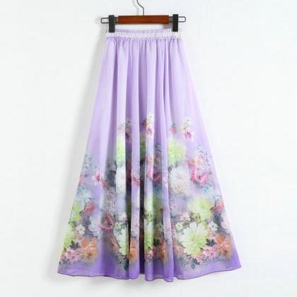 Purple Printing Pattern Chiffon Long Skirt For..