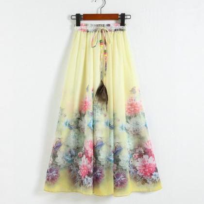 Yellow Printing Pattern Chiffon Long Skirt For..