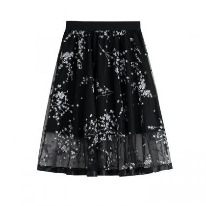 Black Floral Print Mesh Pleated Skirt