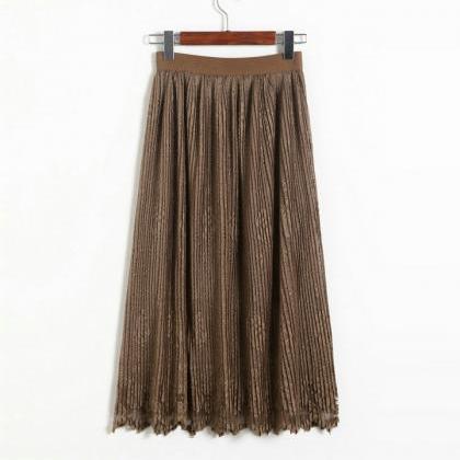 Lace Hollow Pleated Skirts - Khaki