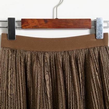 Lace Hollow Pleated Skirts - Khaki