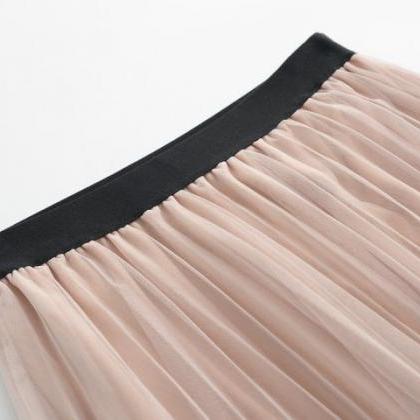 Pink High Rise Tulle Pleated A-line Midi Skirt