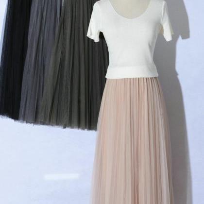 Pink High Rise Tulle Pleated A-line Midi Skirt