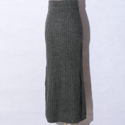 Long Slim Knitted Pencil Skirts - Dark Grey
