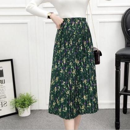 Green Color Printing Long Maxi Skirt