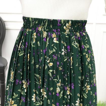 Green Color Printing Long Maxi Skirt