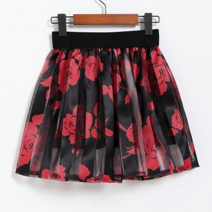 Red Floral Pleated Midi Skirts