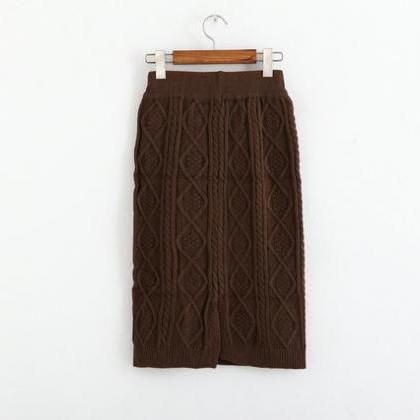 Autumn Winter High Waist Knitting Skirt - Khaki