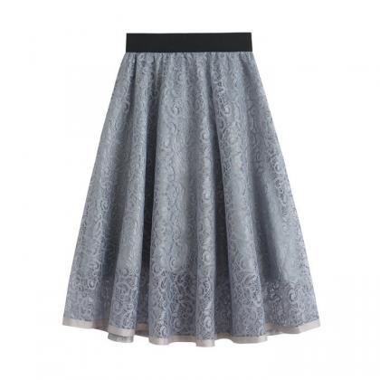Grey High Waist Lace A Line Midi Skirt