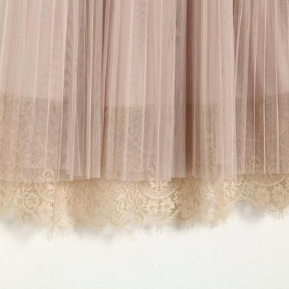 Spring Elegant Lace Patchwork Pleated Skirt - Pink