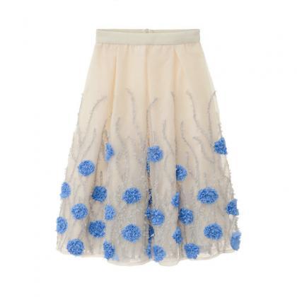 High Waist Flower Print A Line Skirt - Blue..