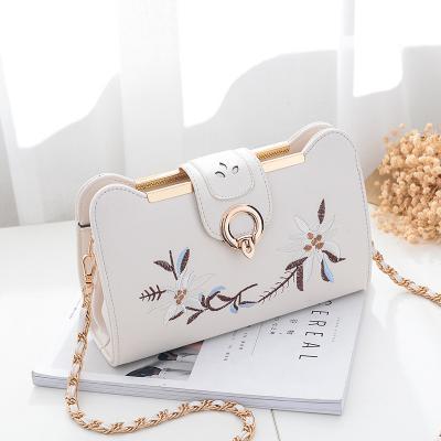 PU Leather Shoulder Handbag Adorned with Floral Embroidery with Linked Chain Straps - White