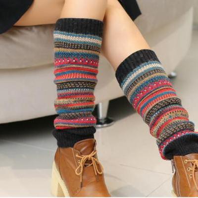 Women Ladies Winter Long Socks Knit Crochet Fashion Leg Warmers Legging Stocking - Black