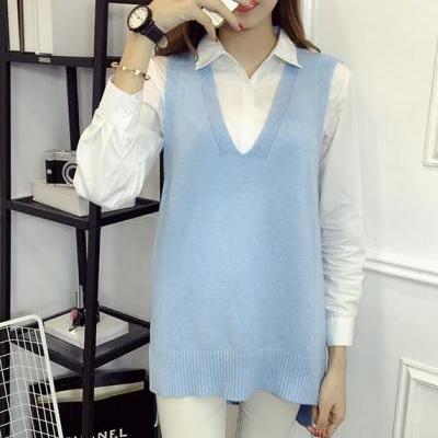 Women V Neck Sleeveless Vintage Pullover Knit Vest Tops - Light Blue