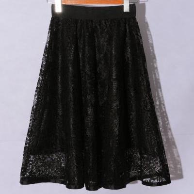 New Hollow Lace A Line Skirt - Black
