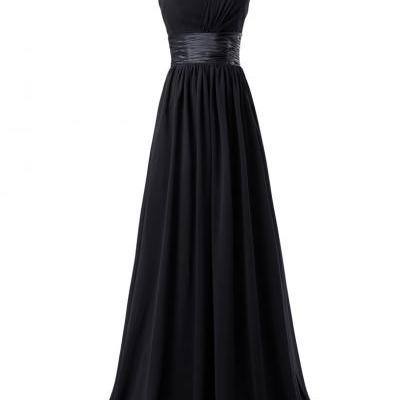 Women Elegant Fashion One Shoulder A Line Chiffon Long Bridesmaid Dress  - Black