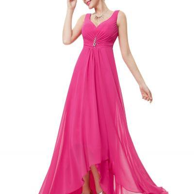 Formal Bridesmaid Dresses Double V Neck Rhinestones Long Wedding Dresses - Hot Pink