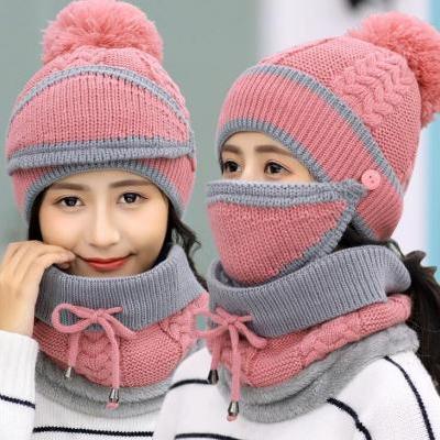 Fashion Winter Hedging Cap Scarf Suit Knit Hats - Pink