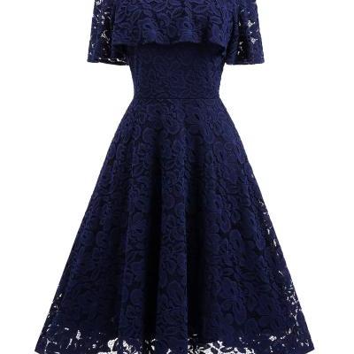 Dark Blue Off-Shoulder Lace Ruffled A-Line Dress , Homecoming Dress, Cocktail Dresses, Graduation Dresses 