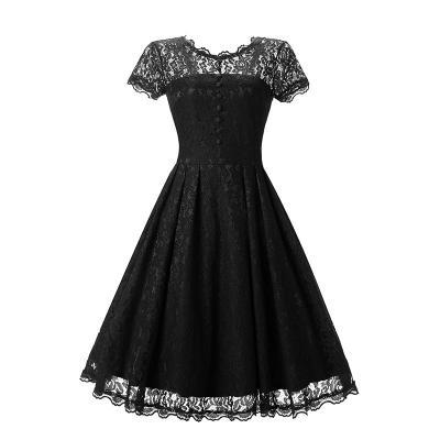 New Arrive O-neck Solid Short Sleeve Lace Hollow Vintage Dress - Black